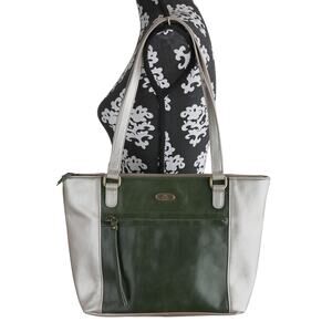 Green And Champagne Aurielle Leather Tote - 14W x 9H x 4.75D